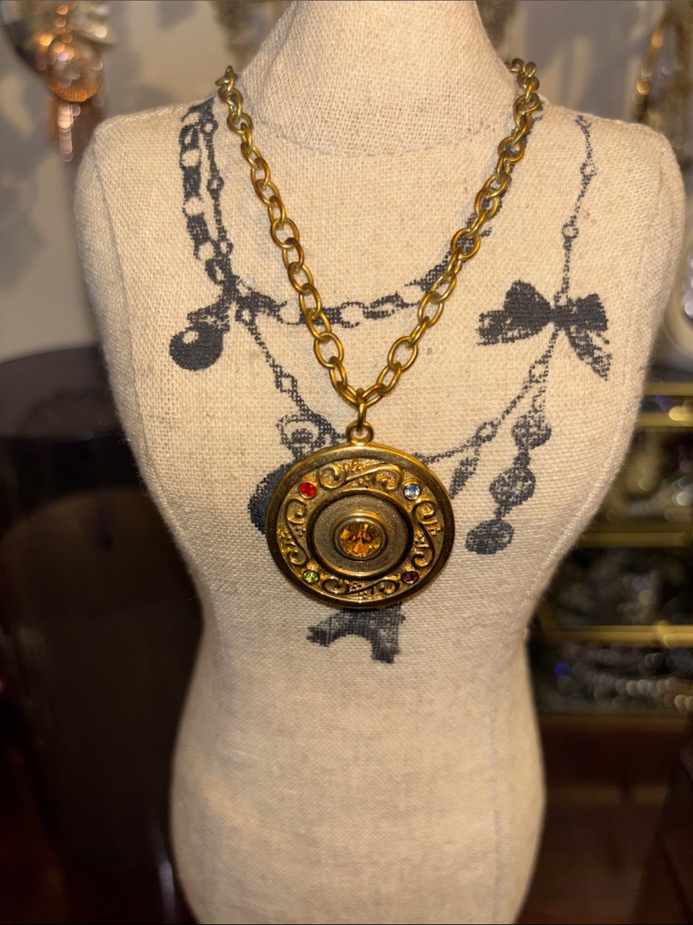 Gold-Tone Round Pendant Necklace with Multicolor Accents